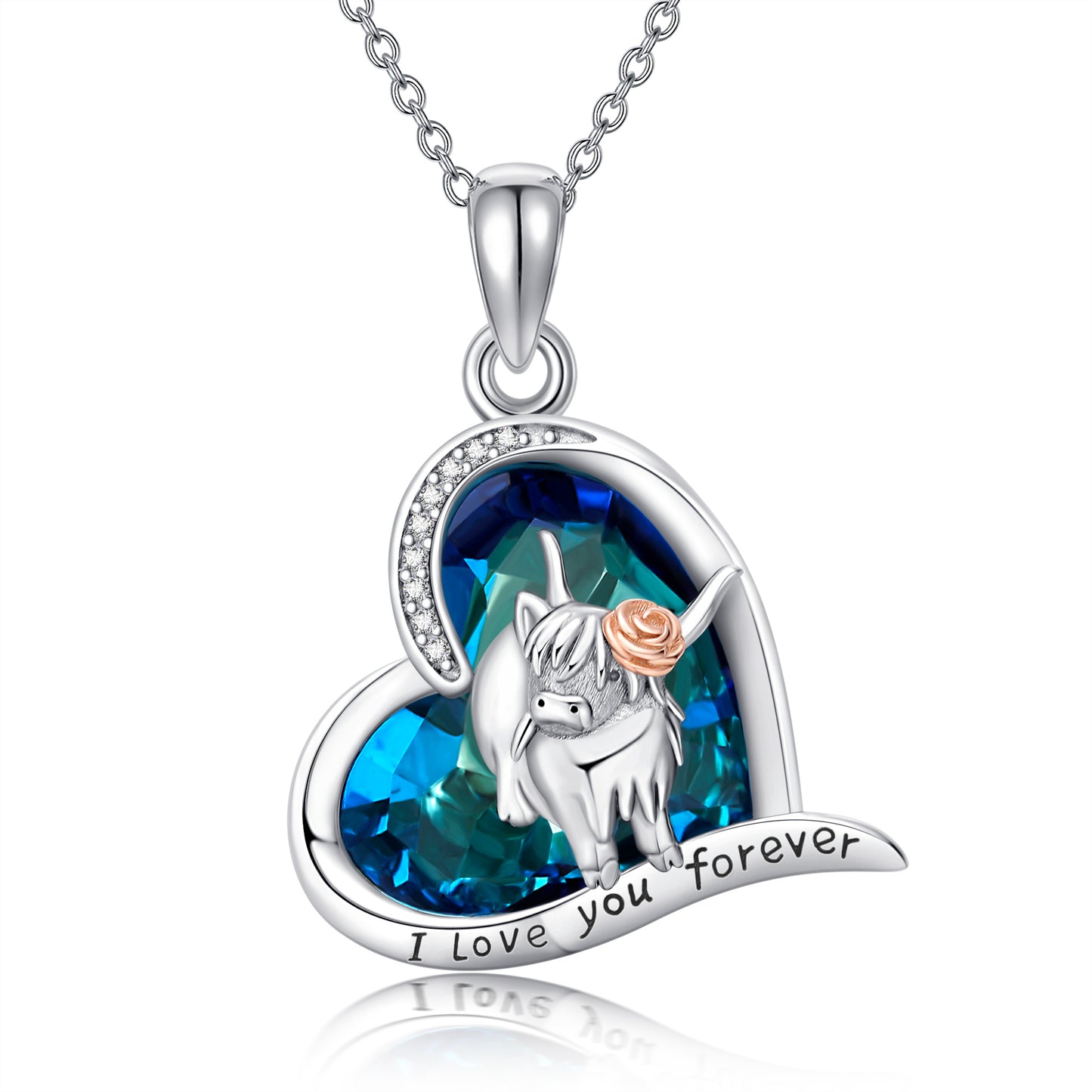 Highland Cow Blue Crystal 925 Sterling Silver Heart Cow Pendant Necklace