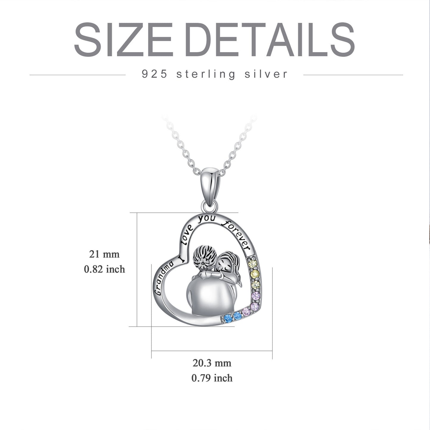 "Grandma I love you forever" 925 Sterling Silver Necklace Plated with White Gold featuring Colored Cubic Zirconia