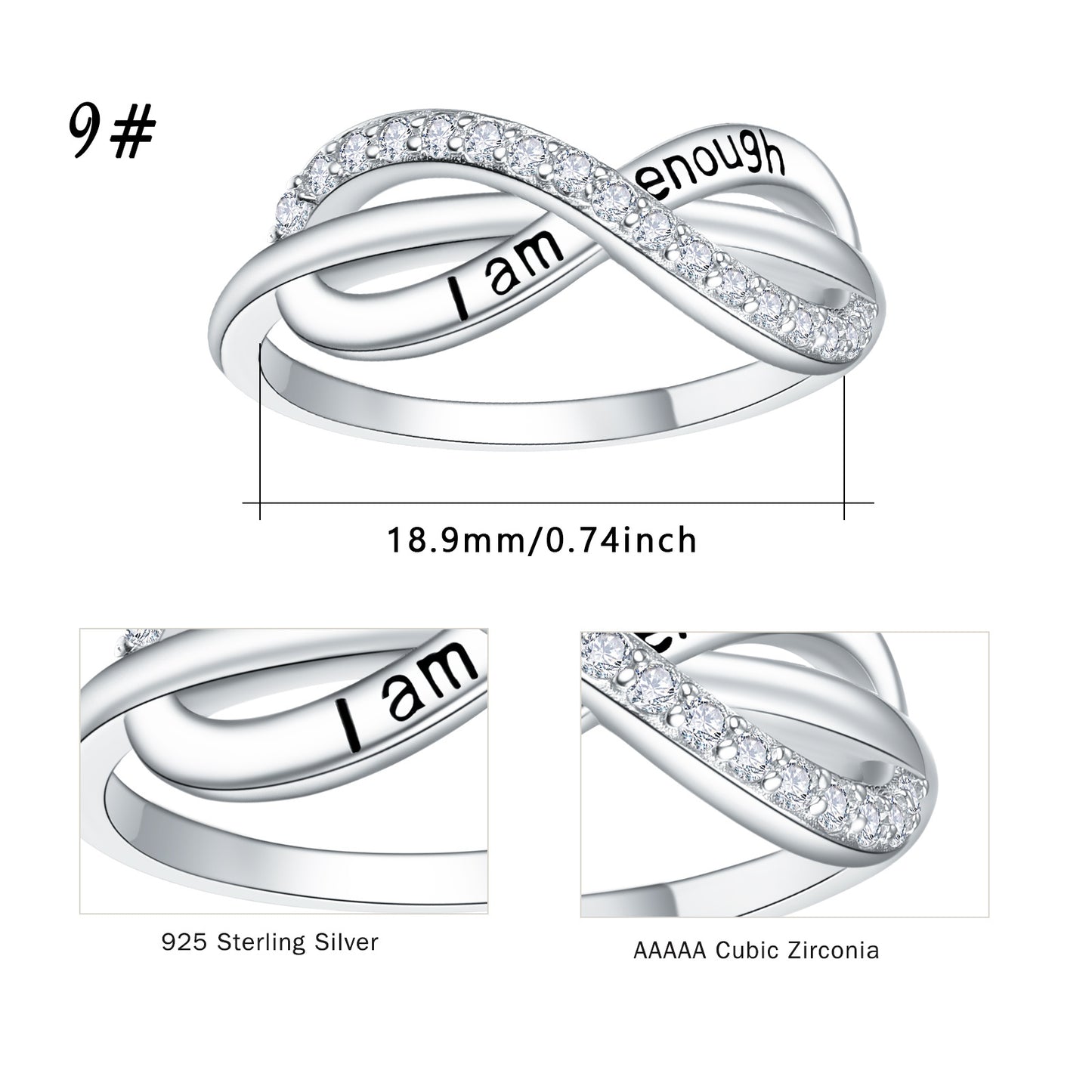 "I am enough" Forever Love Infinity Adjustable Band Ring 925 Sterling Silver