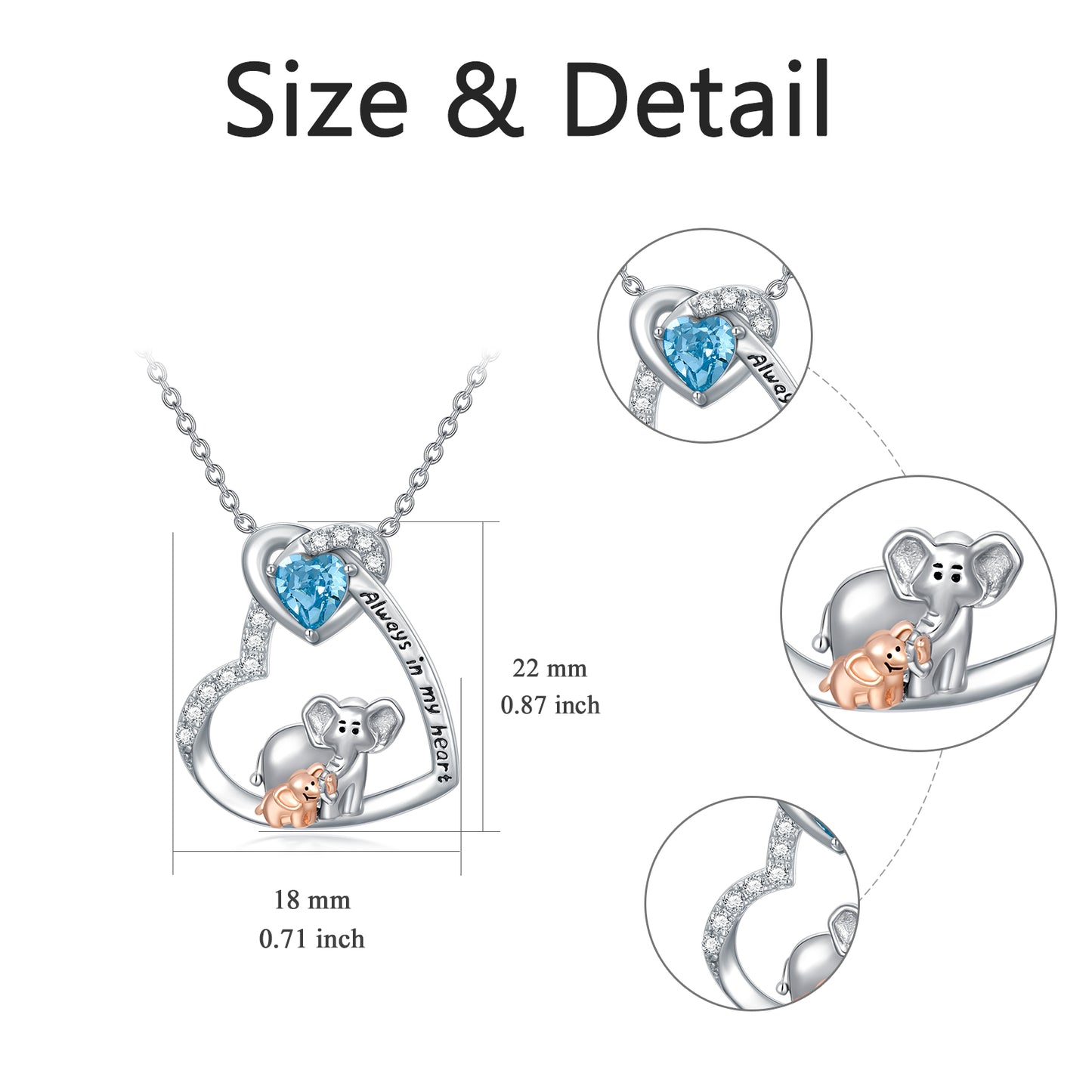 Always In My Heart Elephant Crystal Heart Pendant Necklace 925 Sterling Silver