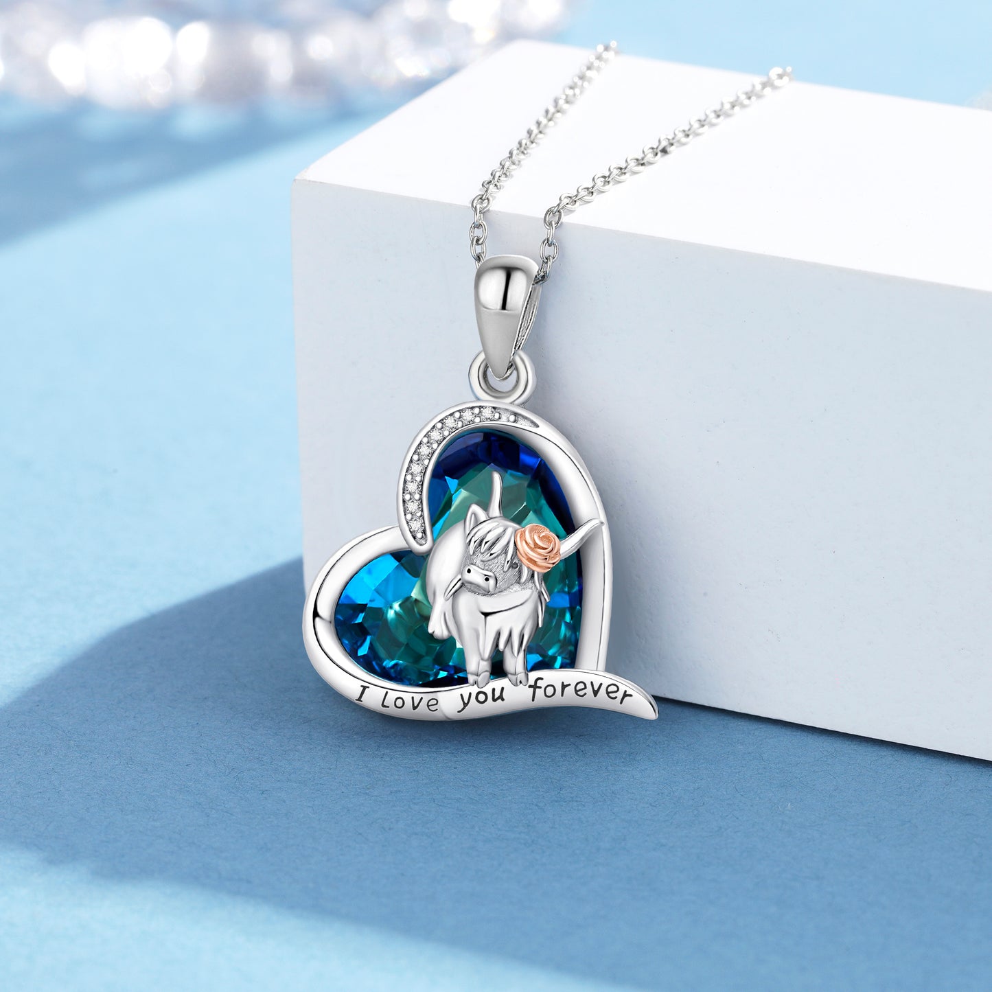 Highland Cow Blue Crystal 925 Sterling Silver Heart Cow Pendant Necklace