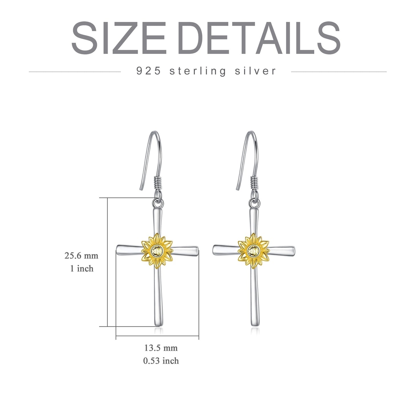 Sunflower Cross Earrings 925 Sterling Silver Cross Dangle Drop Hook Earrings