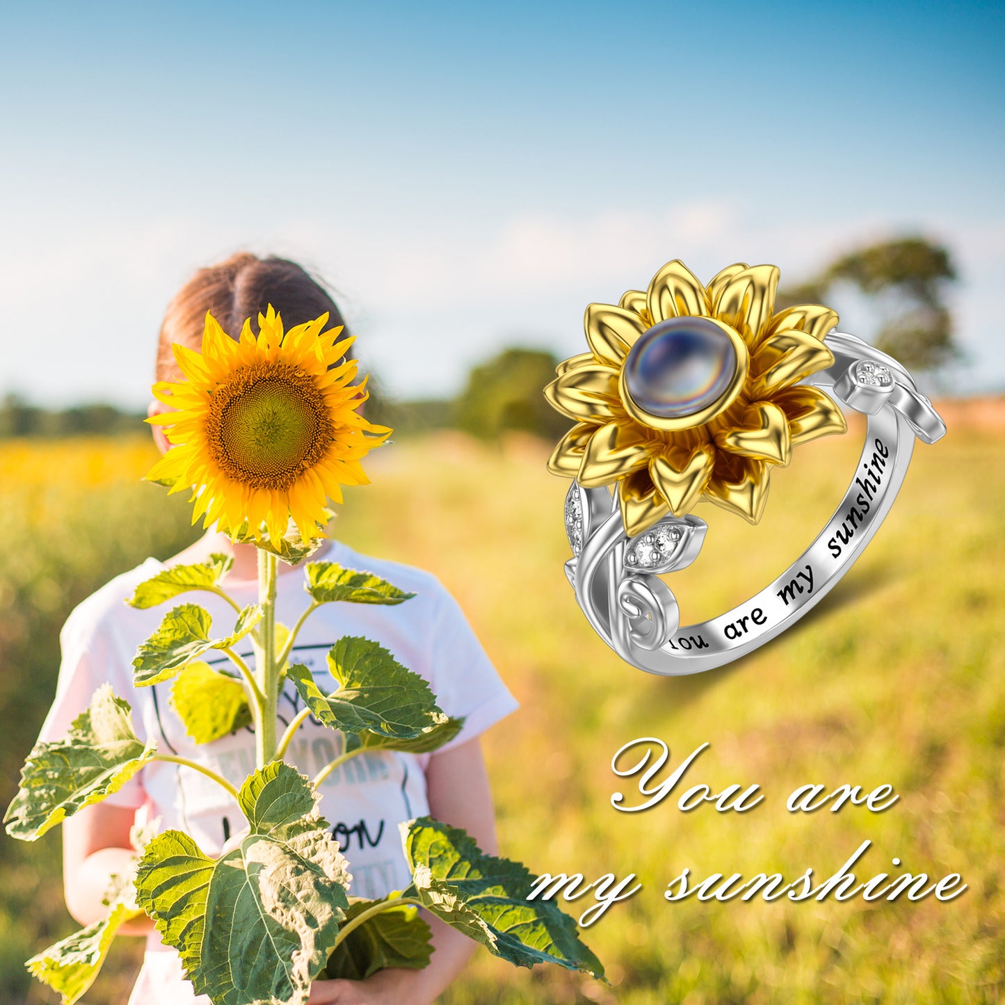 You Are My Sunshine Sunflower Ring with I Love You in 100 Languages Projection 925 Sterling Silver