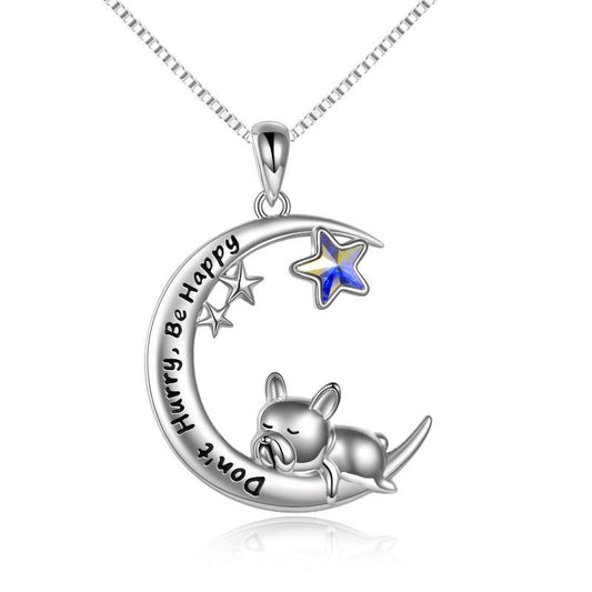 French Bulldog Napping on Crescent Moon 925 Sterling Silver Pendant Necklace