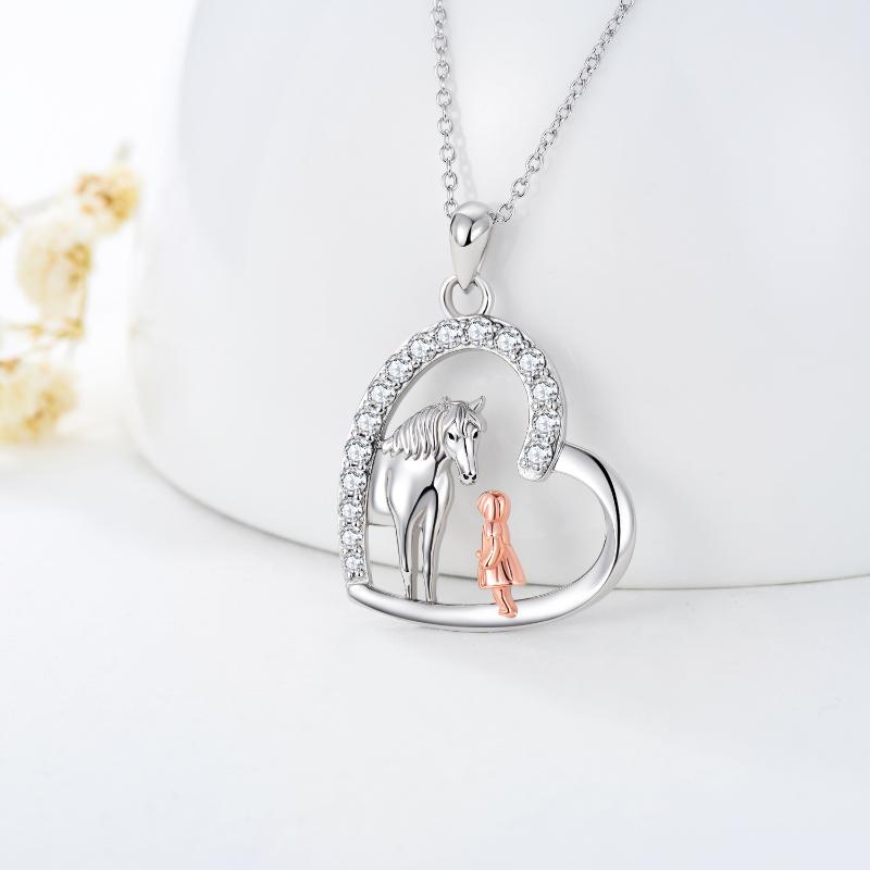 Horse and Girl Heart Pendant Necklace 925 Sterling Silver