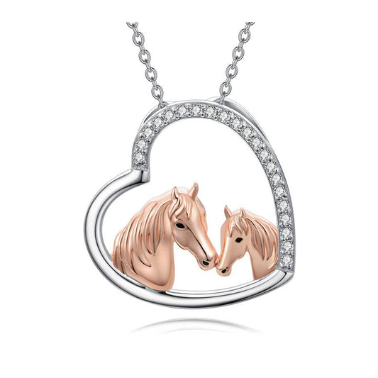 Mama and Baby Horse Heart Mother Daughter Necklace 925 Sterling Silver