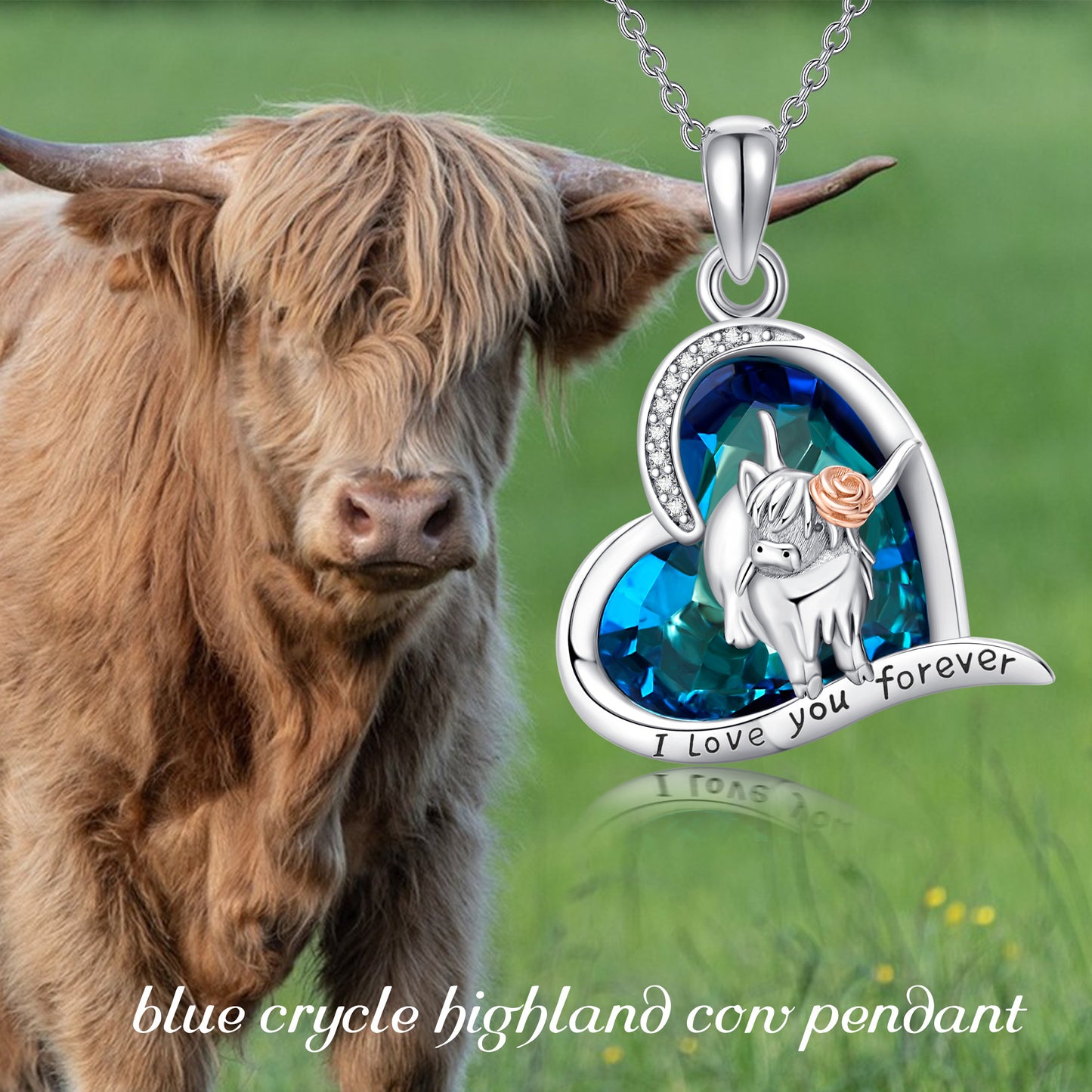 Highland Cow Blue Crystal 925 Sterling Silver Heart Cow Pendant Necklace