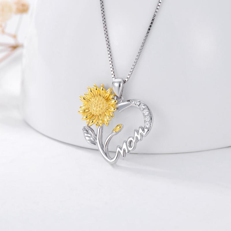 Sunflower Heart I Love You Mom Pendant 925 Sterling Silver