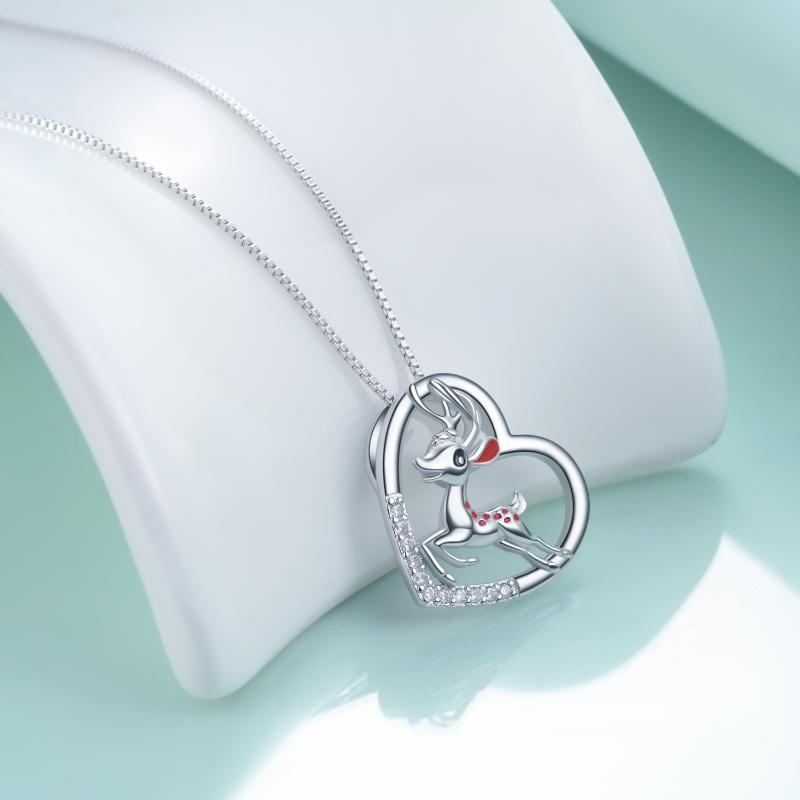 Christmas Reindeer Heart 925 Sterling Silver Necklace