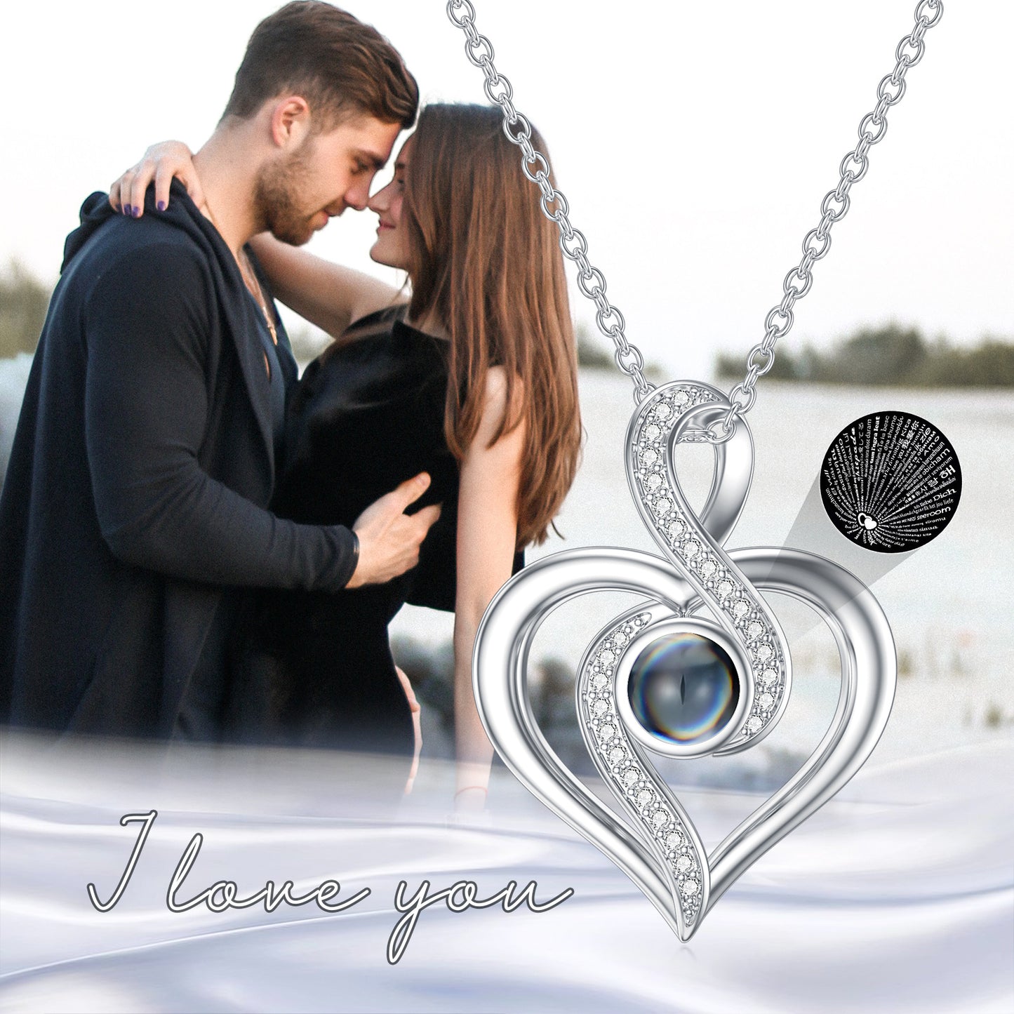 I Love You 100 Languages Heart Infinity Projection Necklace 925 Sterling Silver