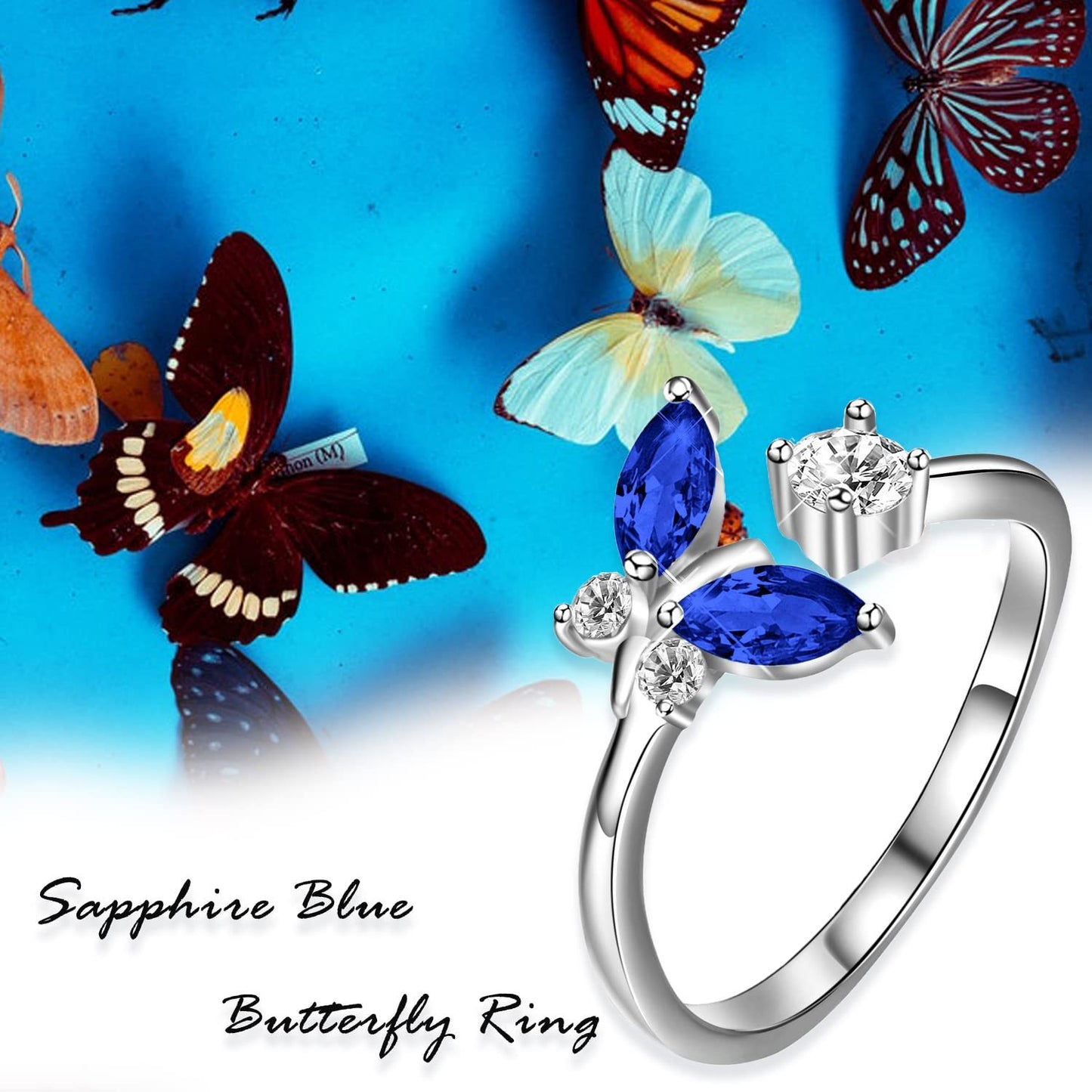 Butterfly Ring with Sapphire Blue Crystal 925 Sterling Silver